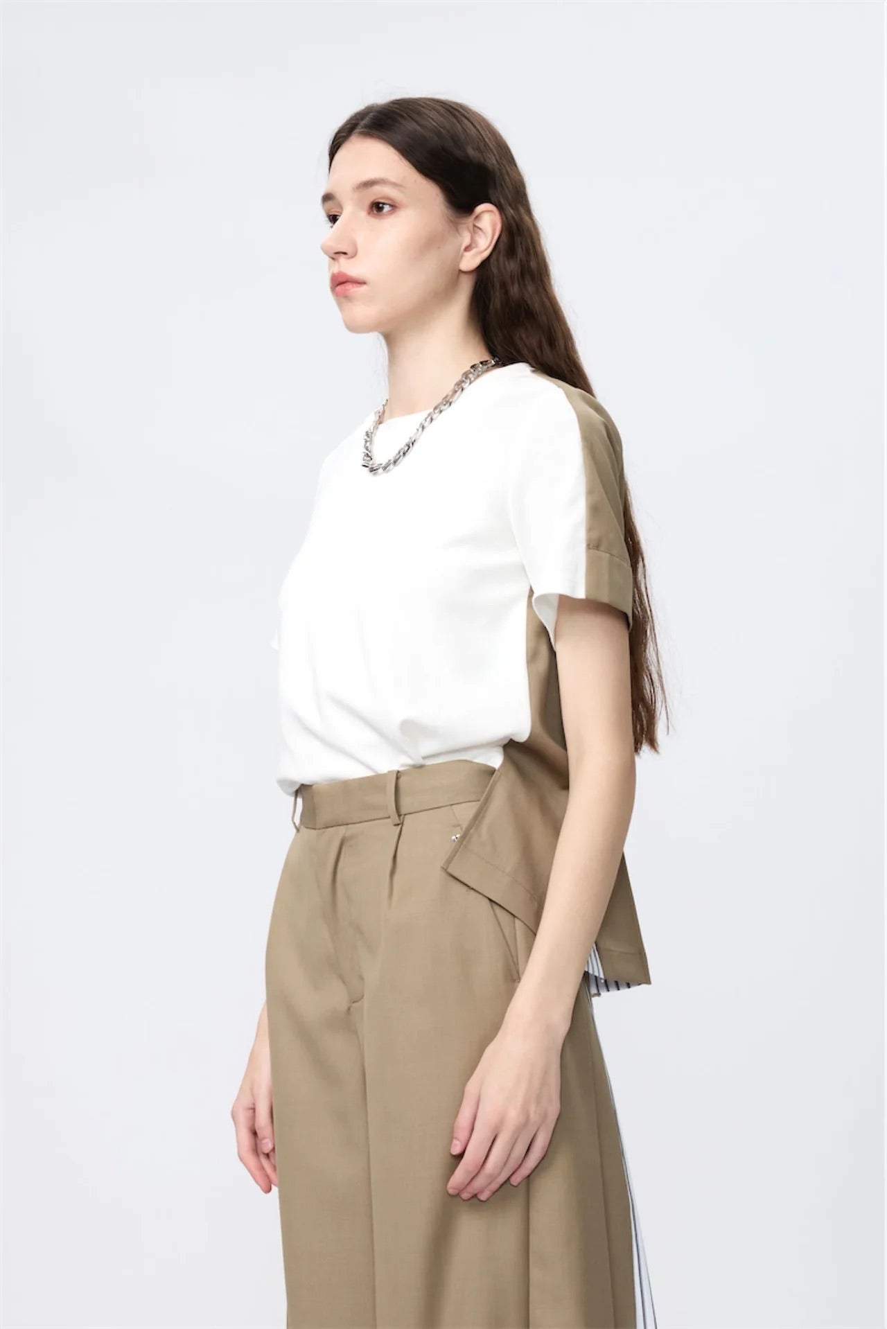 Premium Wool Shirting Block-Pleated Top (White)