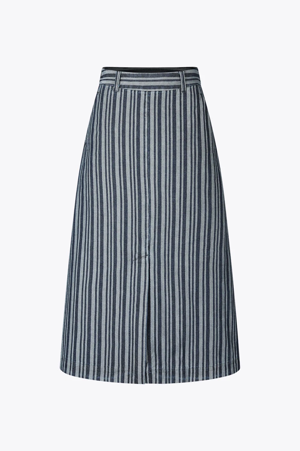 Block-Pleated Denim Flare Skirt