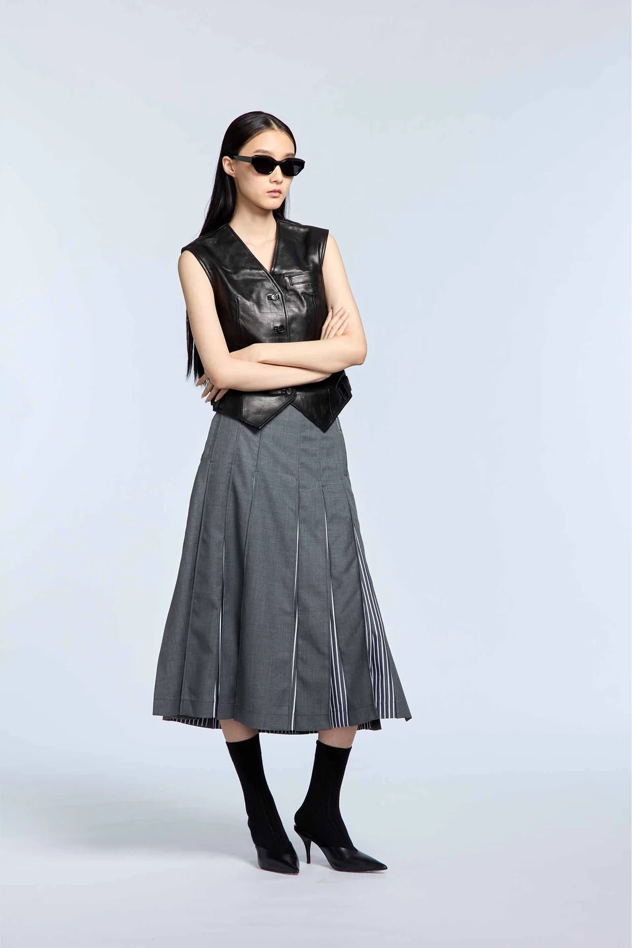 Block-Pleated Flare Shirting Skirt