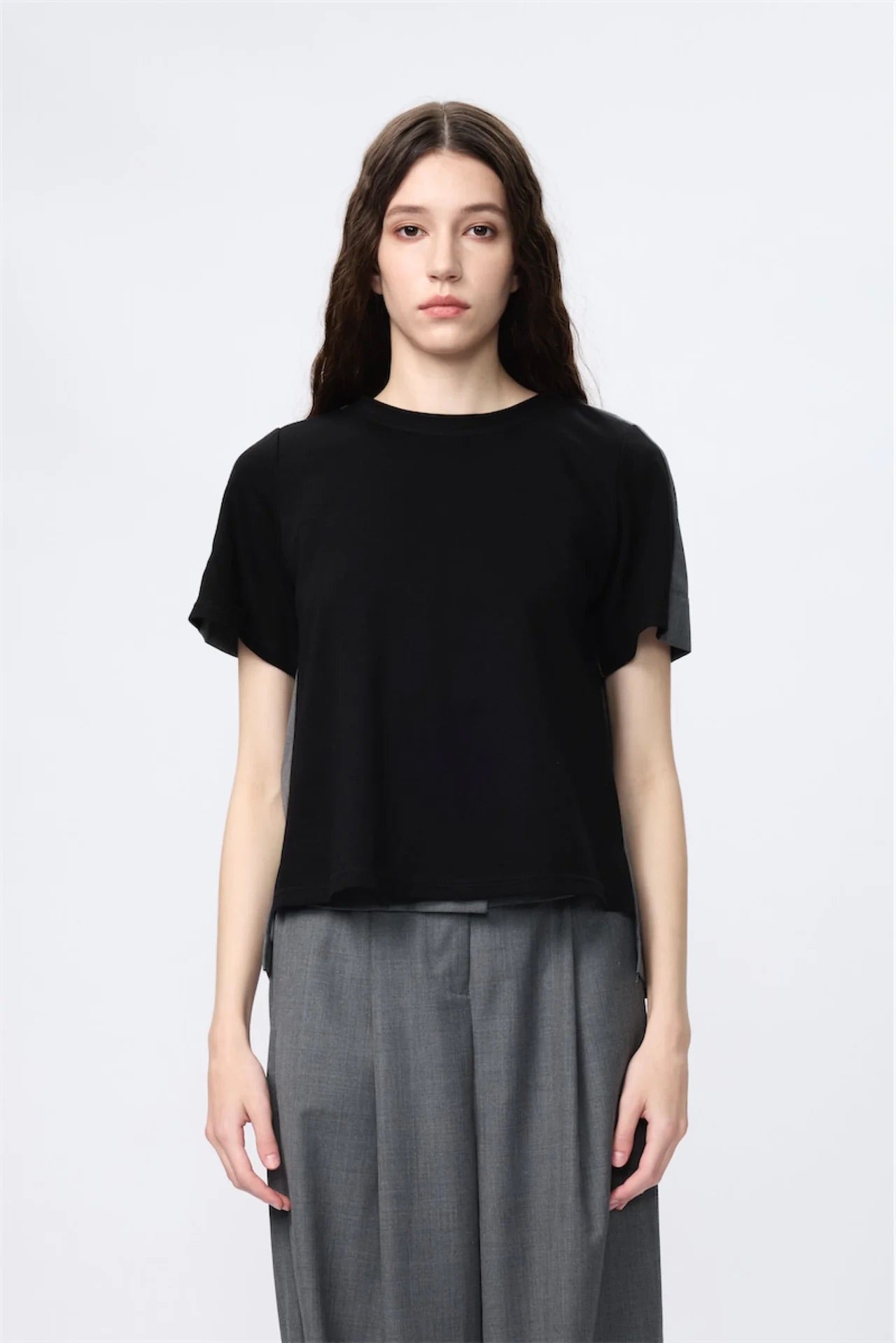 Premium Wool Shirting Block-Pleated Top (Black)
