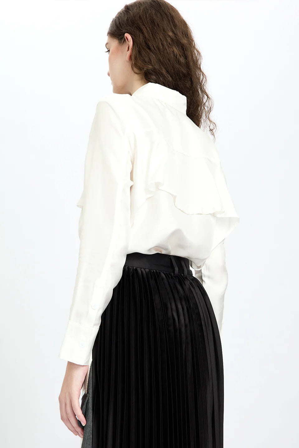 Back-Ruffles Midnight Silk Shirt White