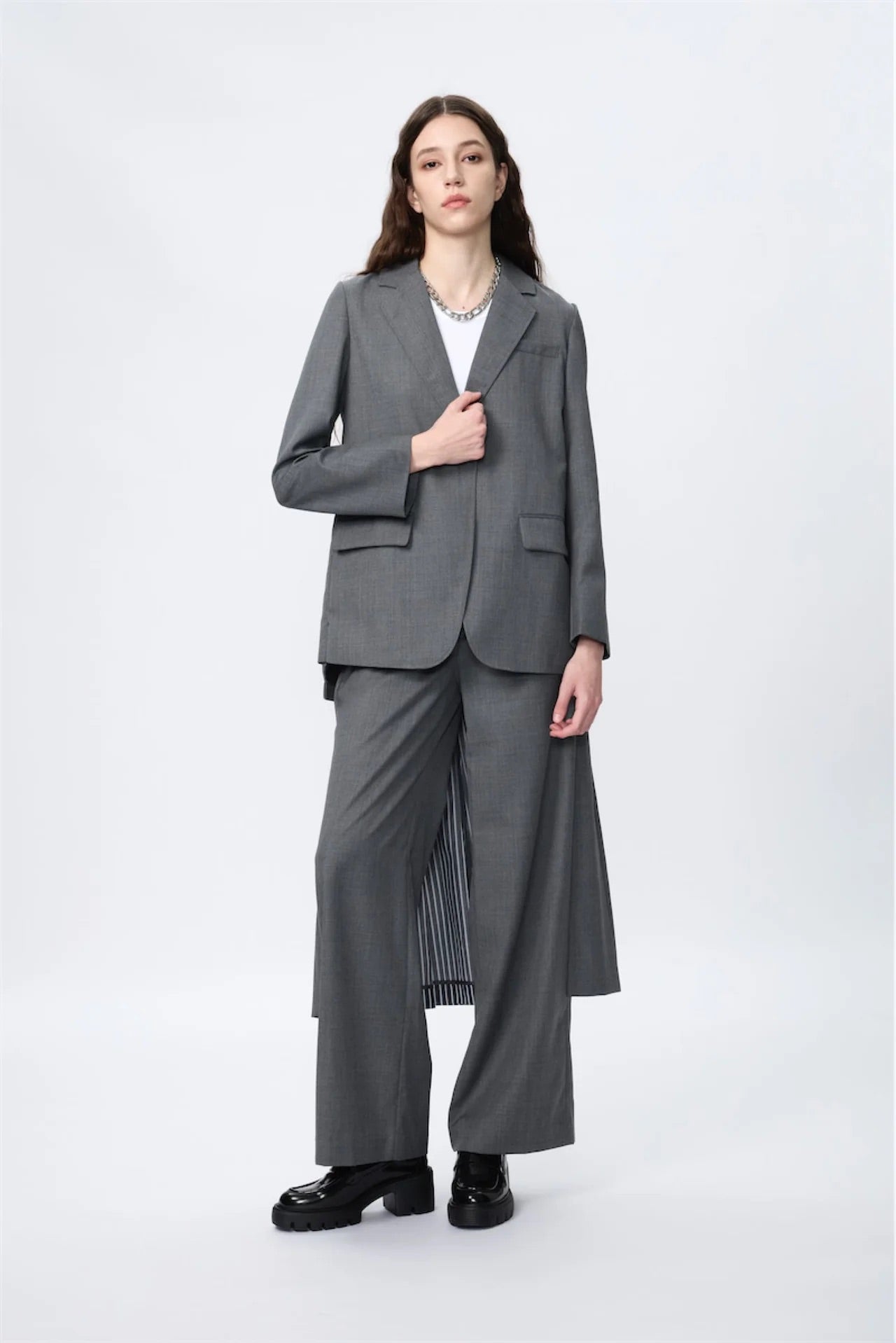Block-Pleated Flare Shirting Trousers (Grey)