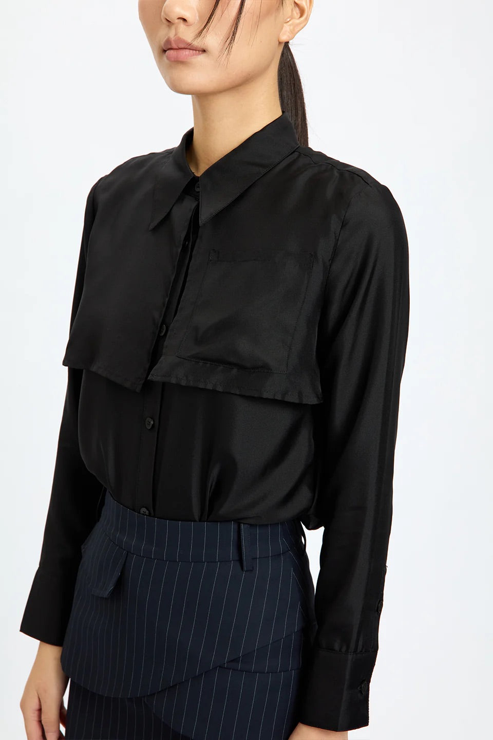 Back-Ruffles Midnight Silk Shirt Black