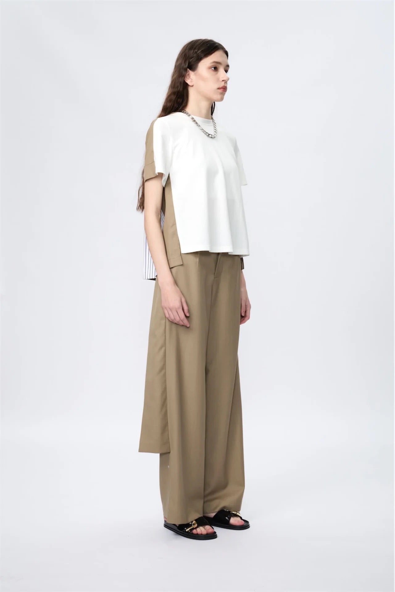 Premium Wool Shirting Block-Pleated Top (White)