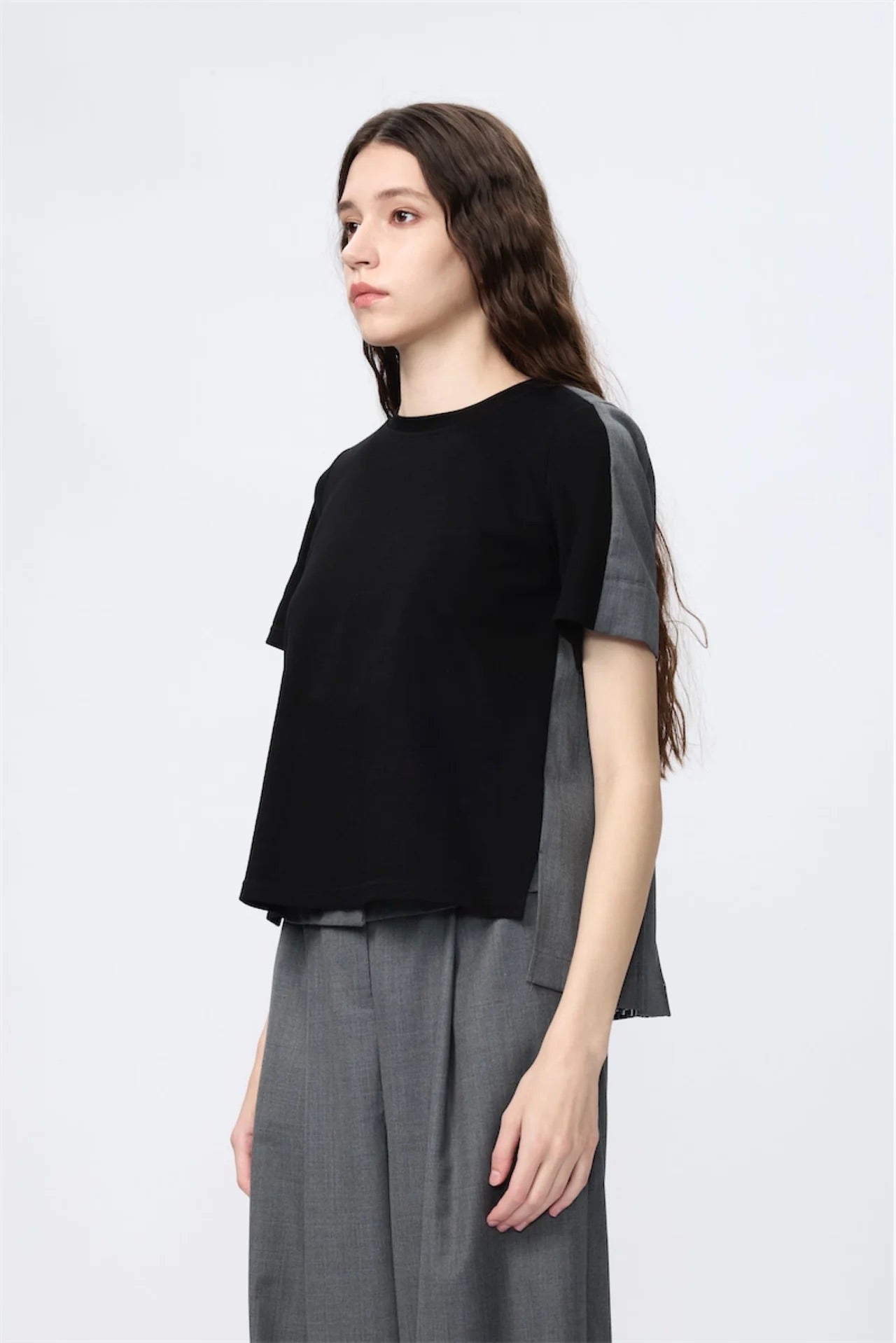 Premium Wool Shirting Block-Pleated Top (Black)