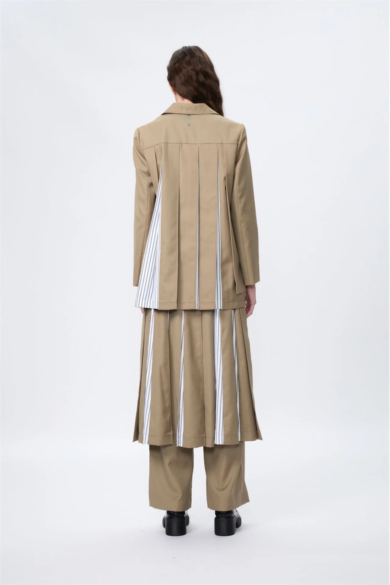 Block Pleated Flare Shirting Trousers (Khaki)