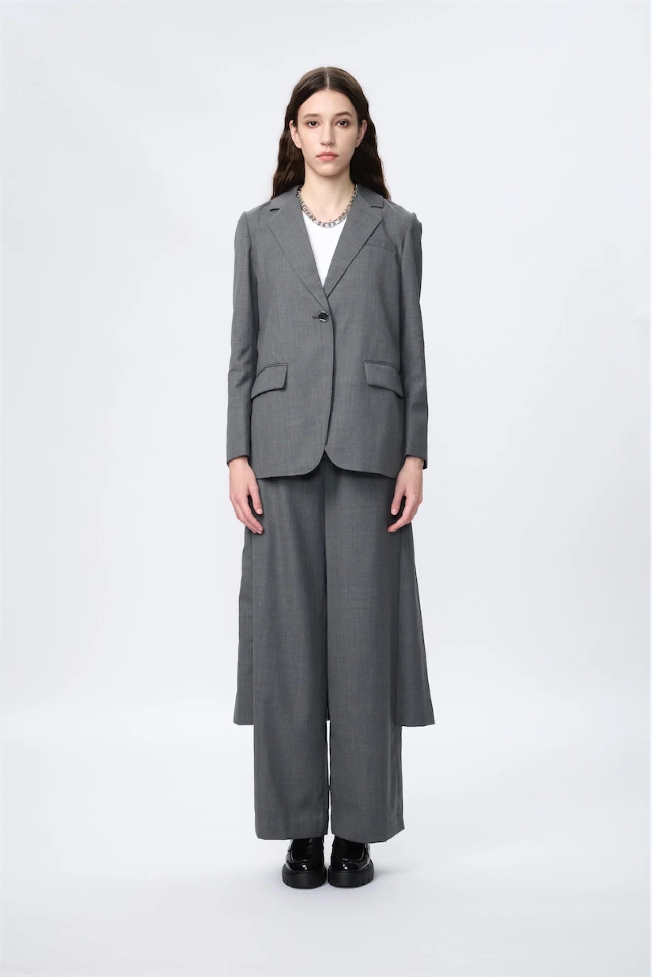 Block-Pleated Flare Shirting Blazer (Grey)