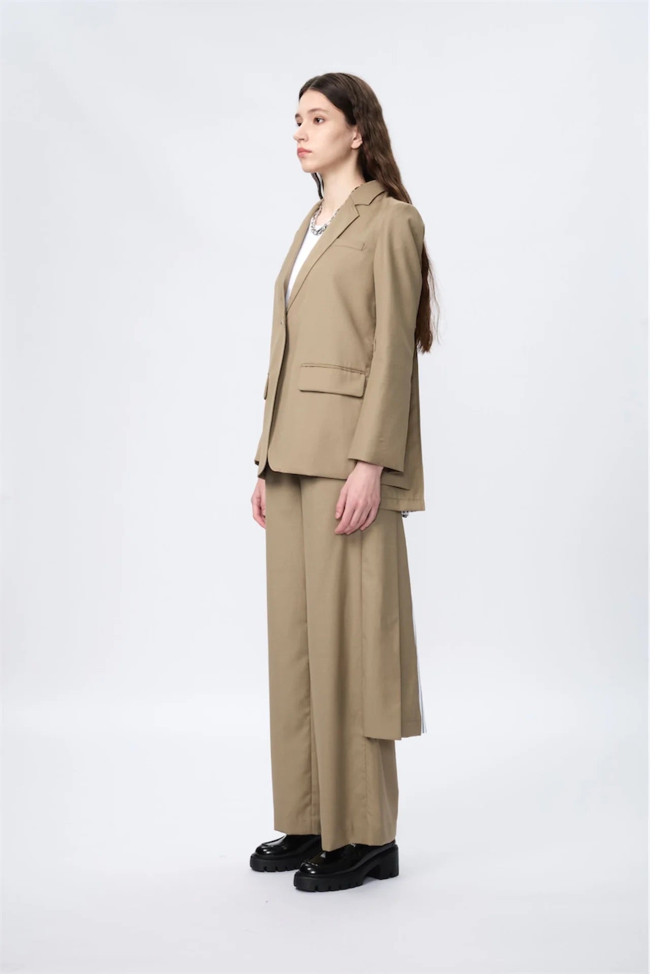 Block Pleated Flare Shirting Trousers (Khaki)
