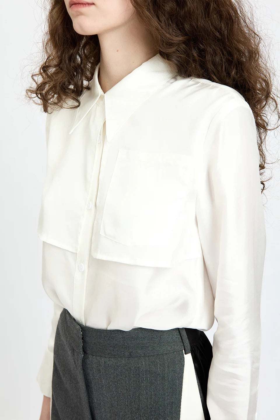 Back-Ruffles Midnight Silk Shirt White