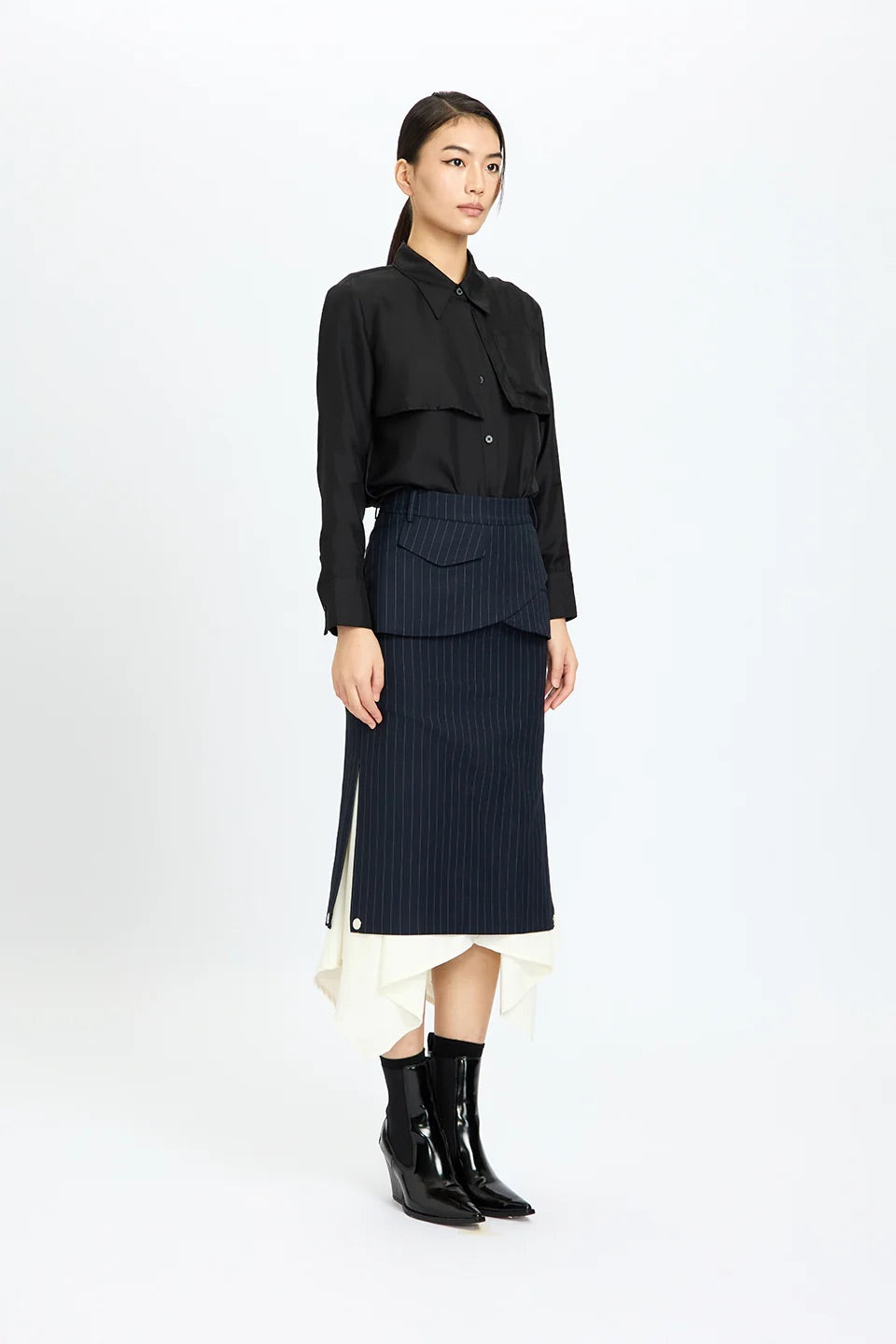 Back-Ruffles Midnight Silk Shirt Black