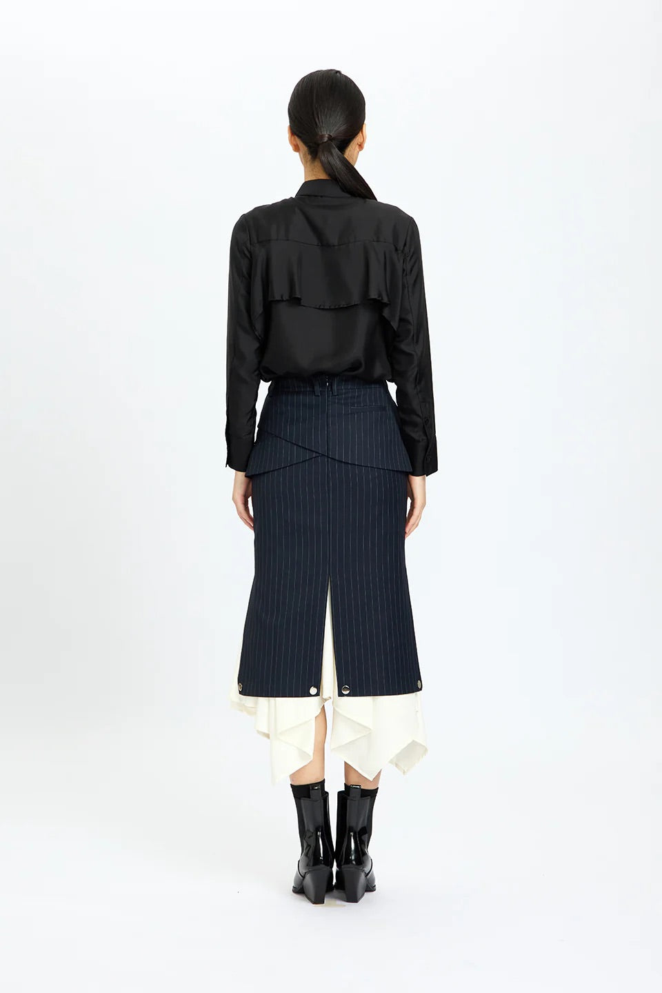 Back-Ruffles Midnight Silk Shirt Black