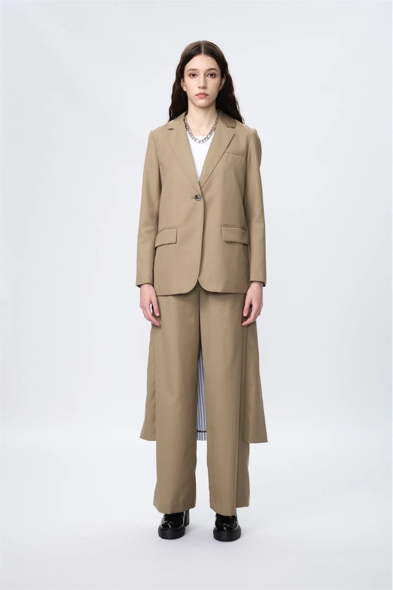 Block Pleated Flare Shirting Trousers (Khaki)