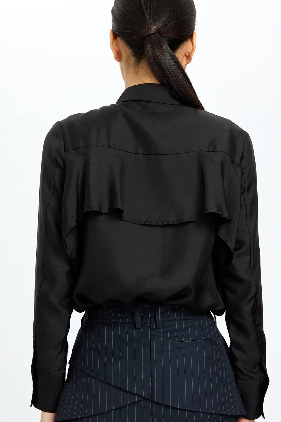 Back-Ruffles Midnight Silk Shirt Black