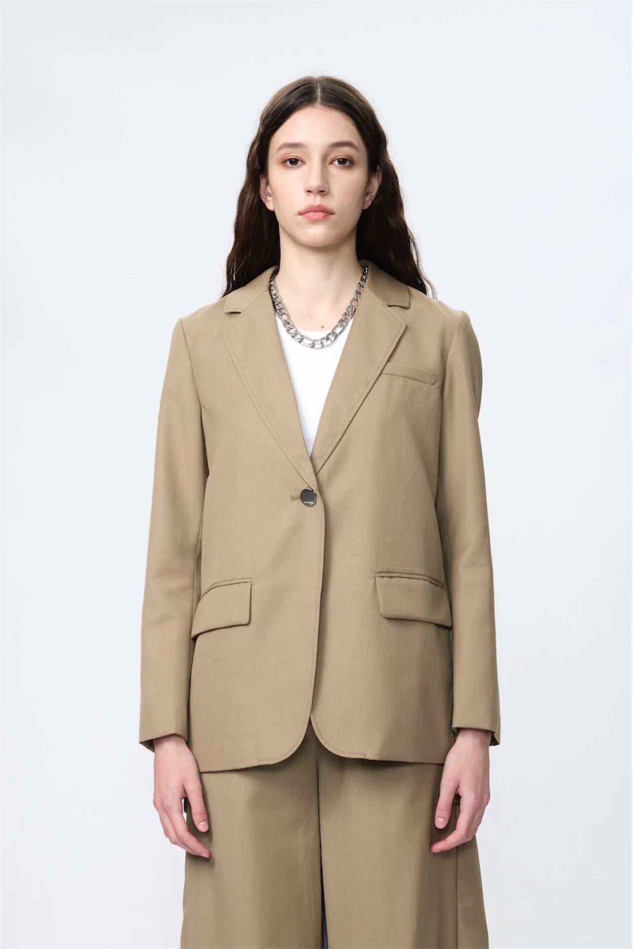 Block Pleated Flare Shirting Trousers (Khaki)