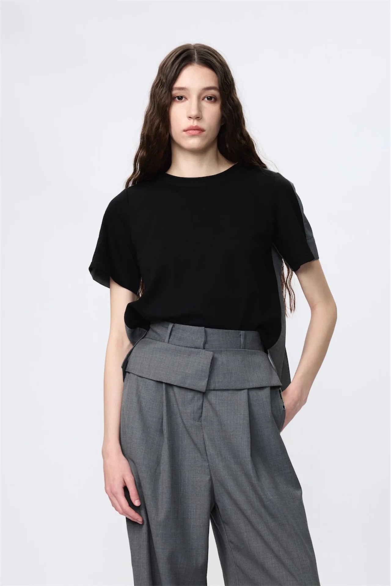 Premium Wool Shirting Block-Pleated Top (Black)