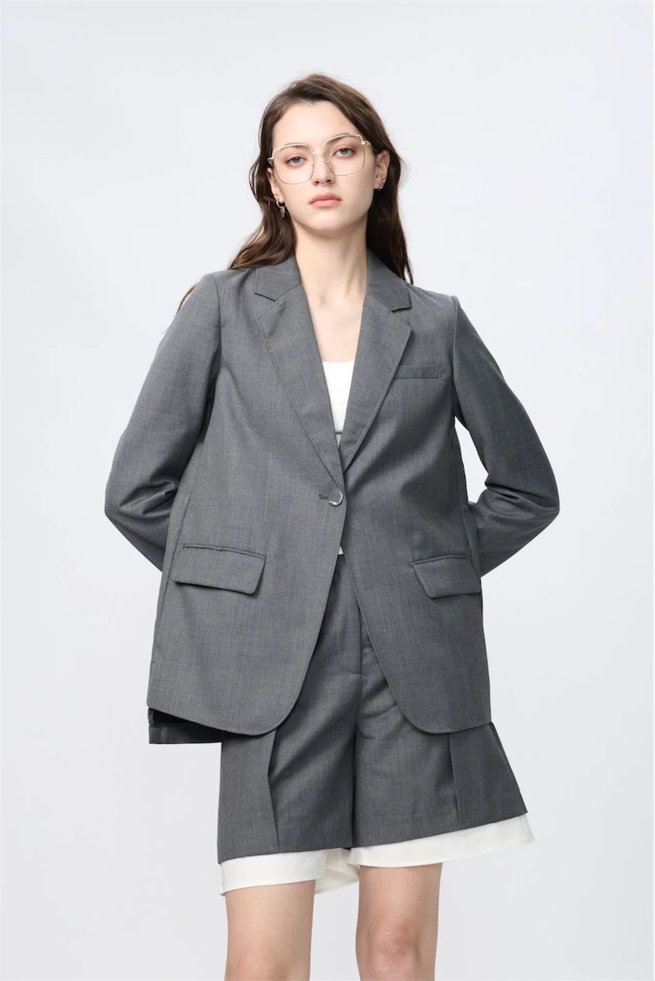 Block-Pleated Flare Shirting Blazer (Grey)