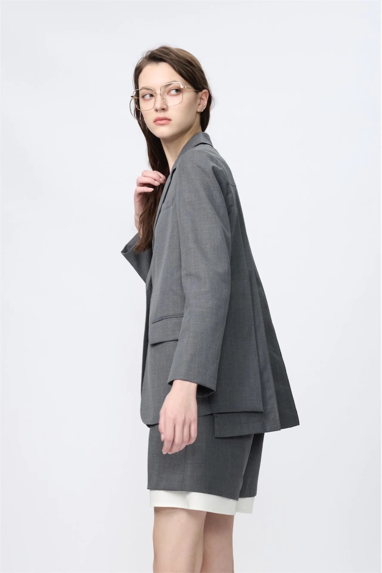 Block-Pleated Flare Shirting Blazer (Grey)