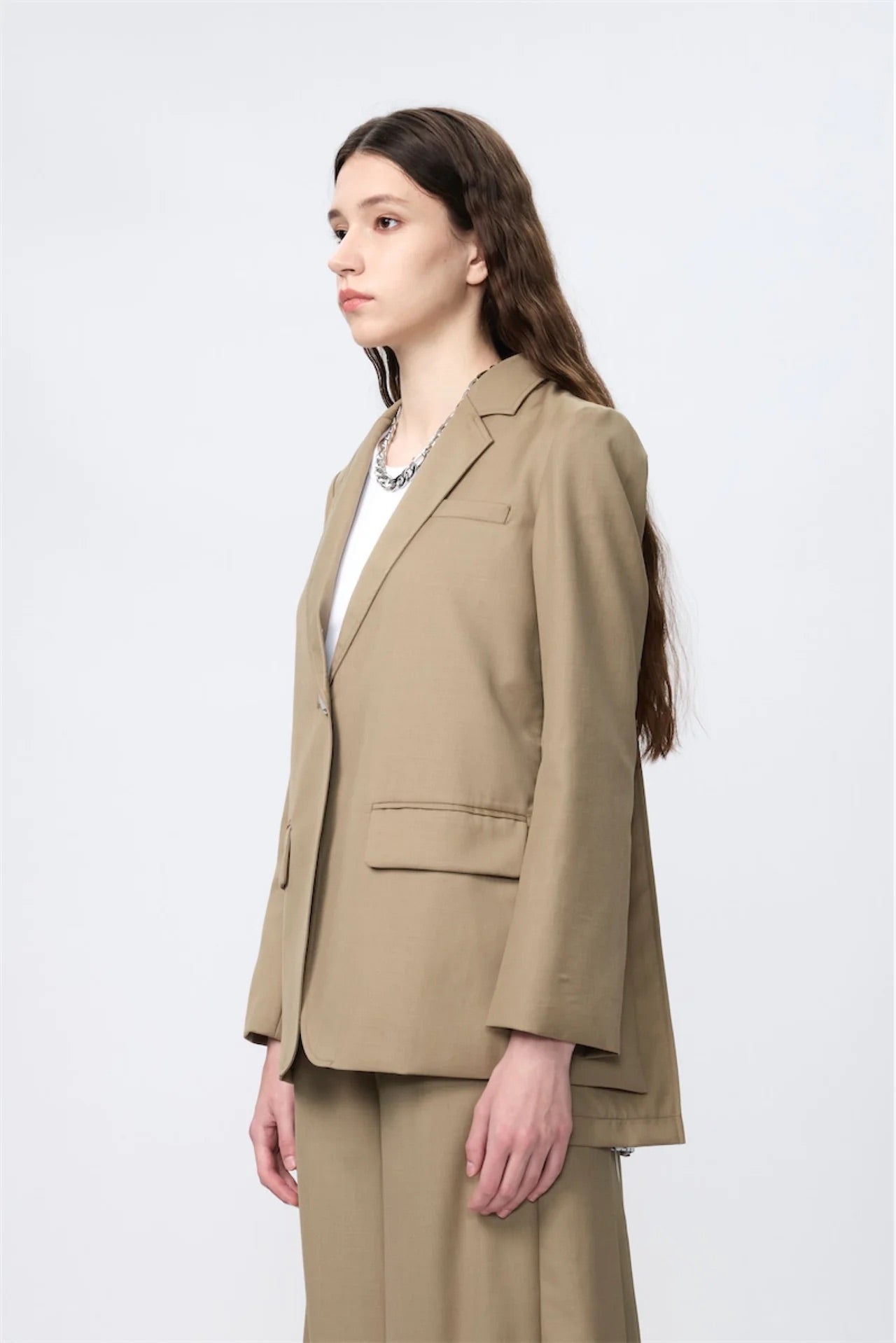 Block Pleated Flare Shirting Trousers (Khaki)