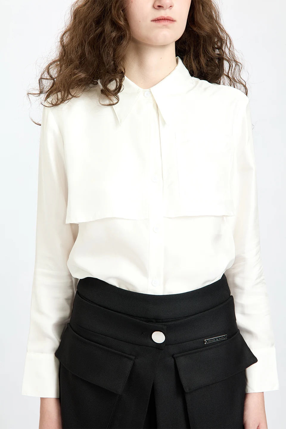 Back-Ruffles Midnight Silk Shirt White