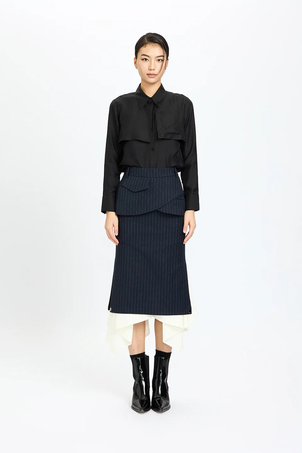 Back-Ruffles Midnight Silk Shirt Black