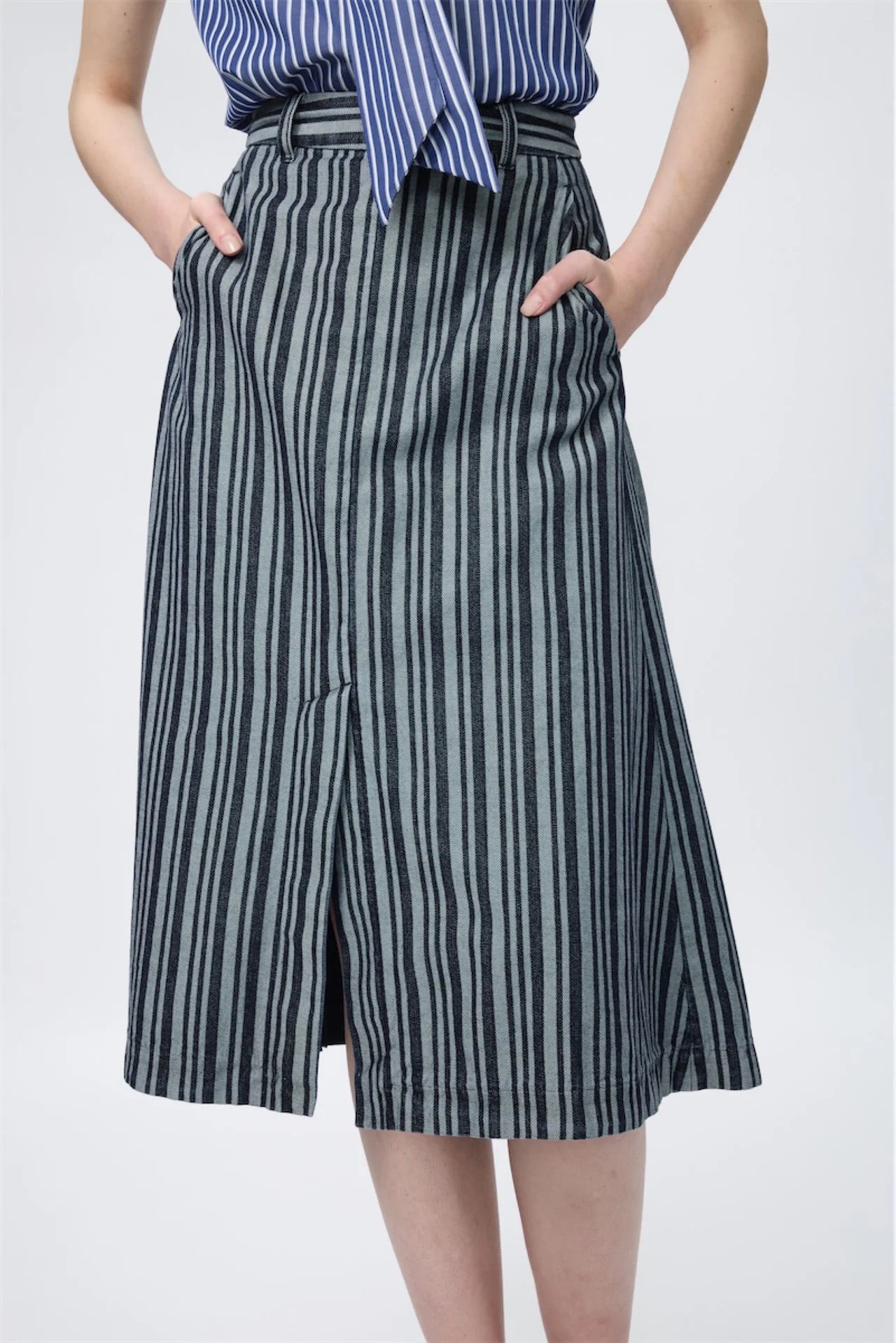 Block-Pleated Denim Flare Skirt