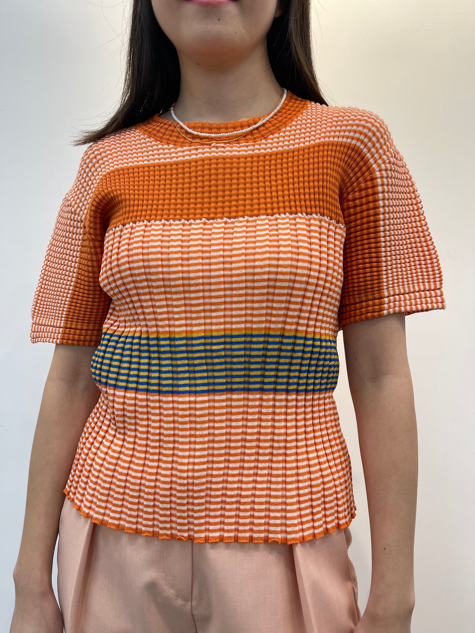 Elastic Stripe Ribbed Top orange
