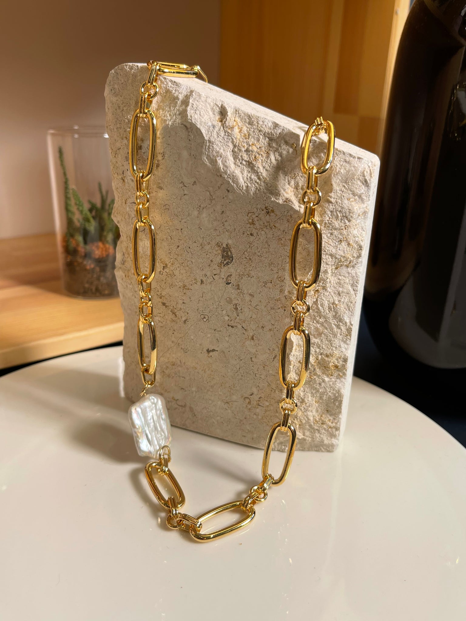 Single Flat Baroque Pearl Chain Necklace Gold
