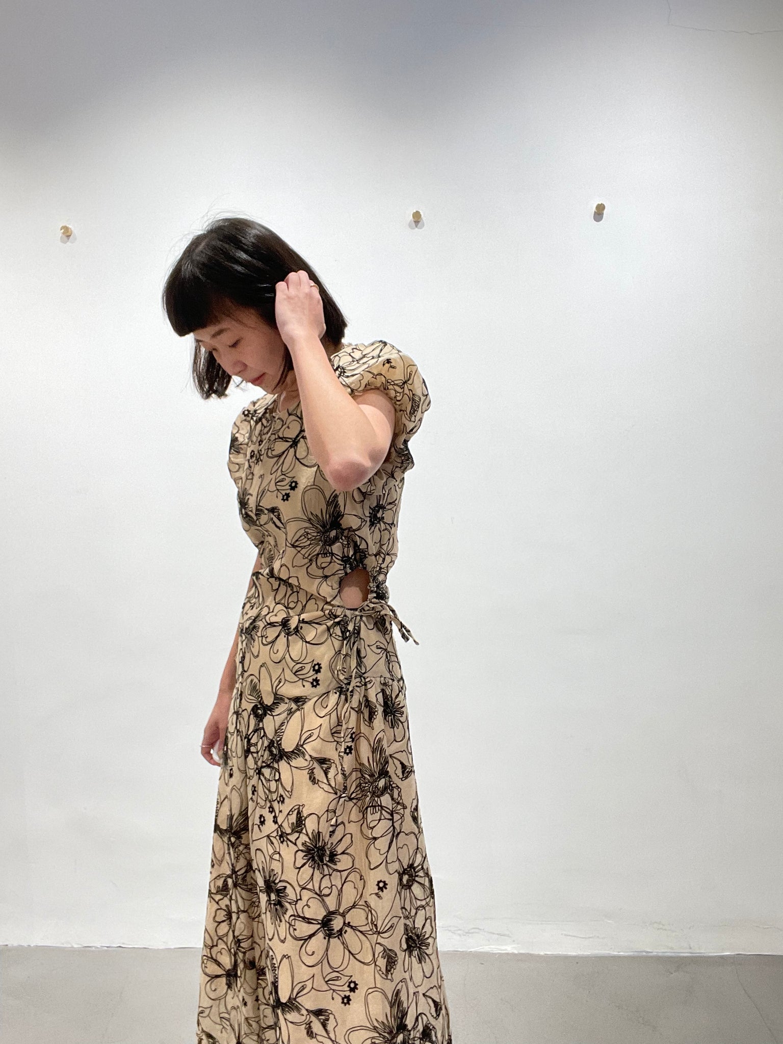 Delicate Smocking Side Open Floral Dress Beige