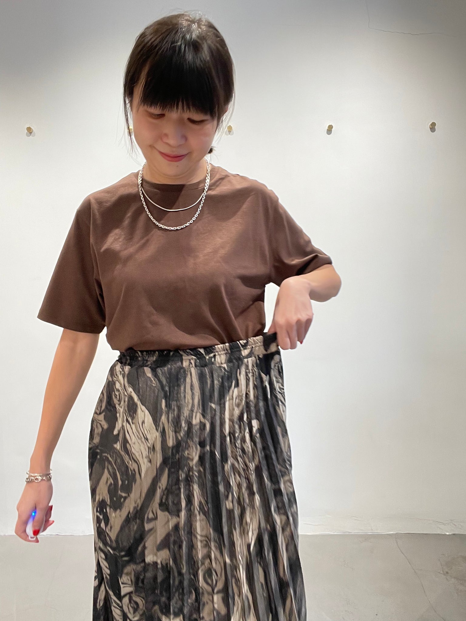Fall Marble Print Pleated Skirt Brown