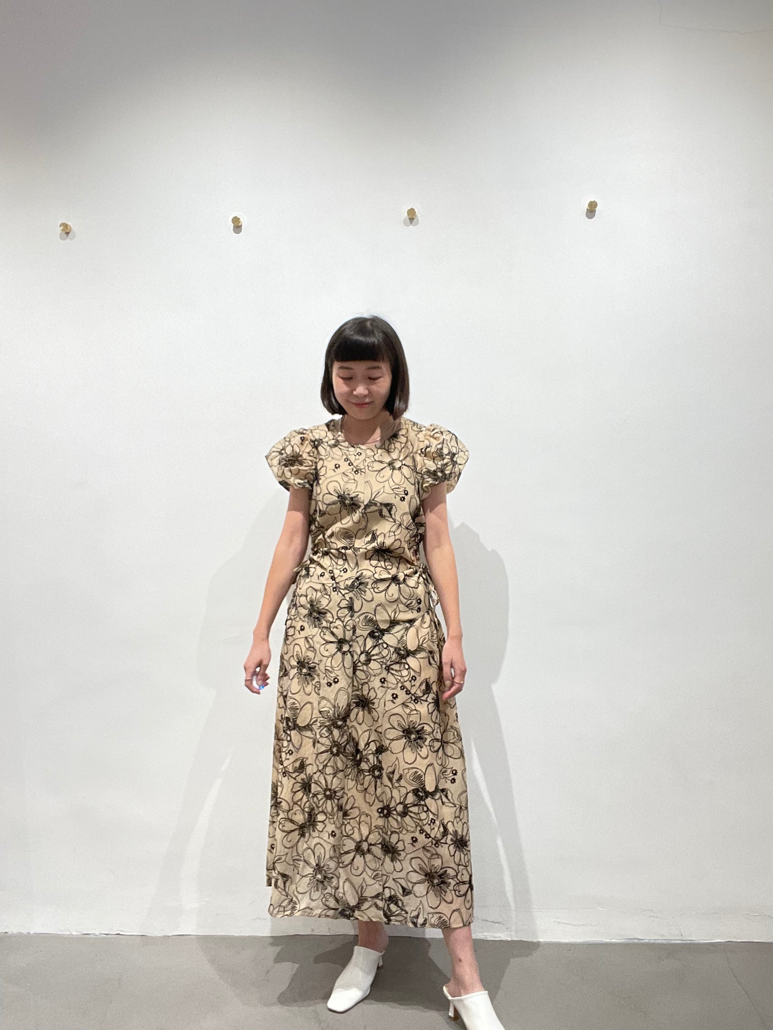 Delicate Smocking Side Open Floral Dress Beige