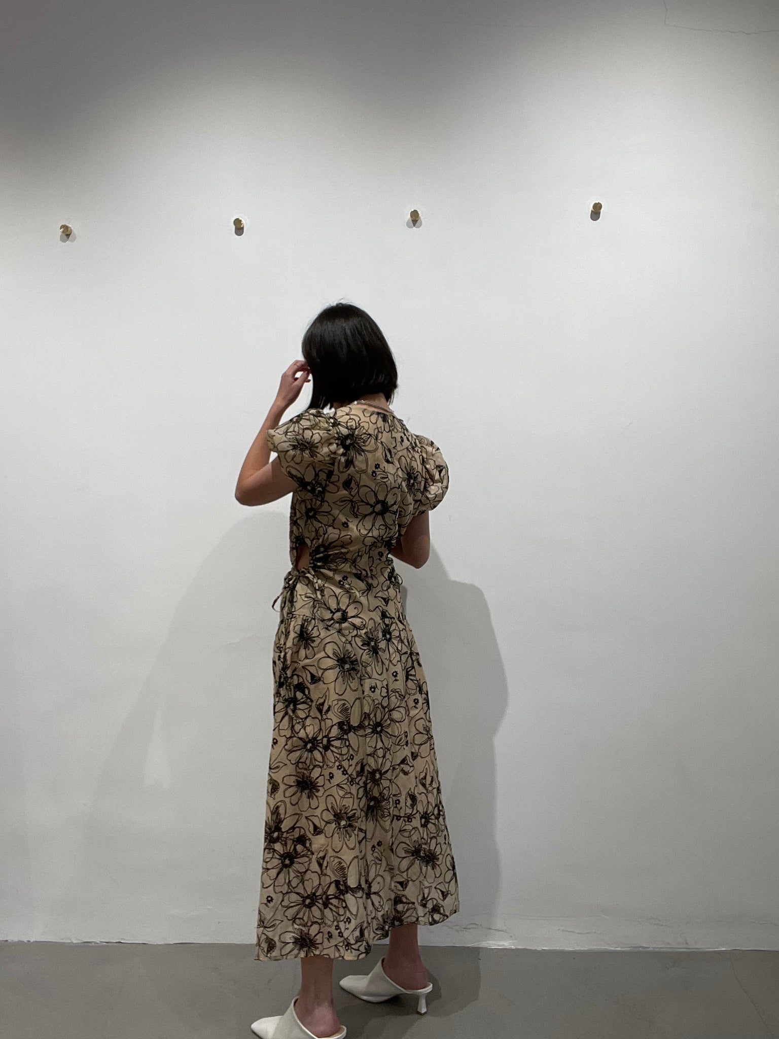 Delicate Smocking Side Open Floral Dress Beige