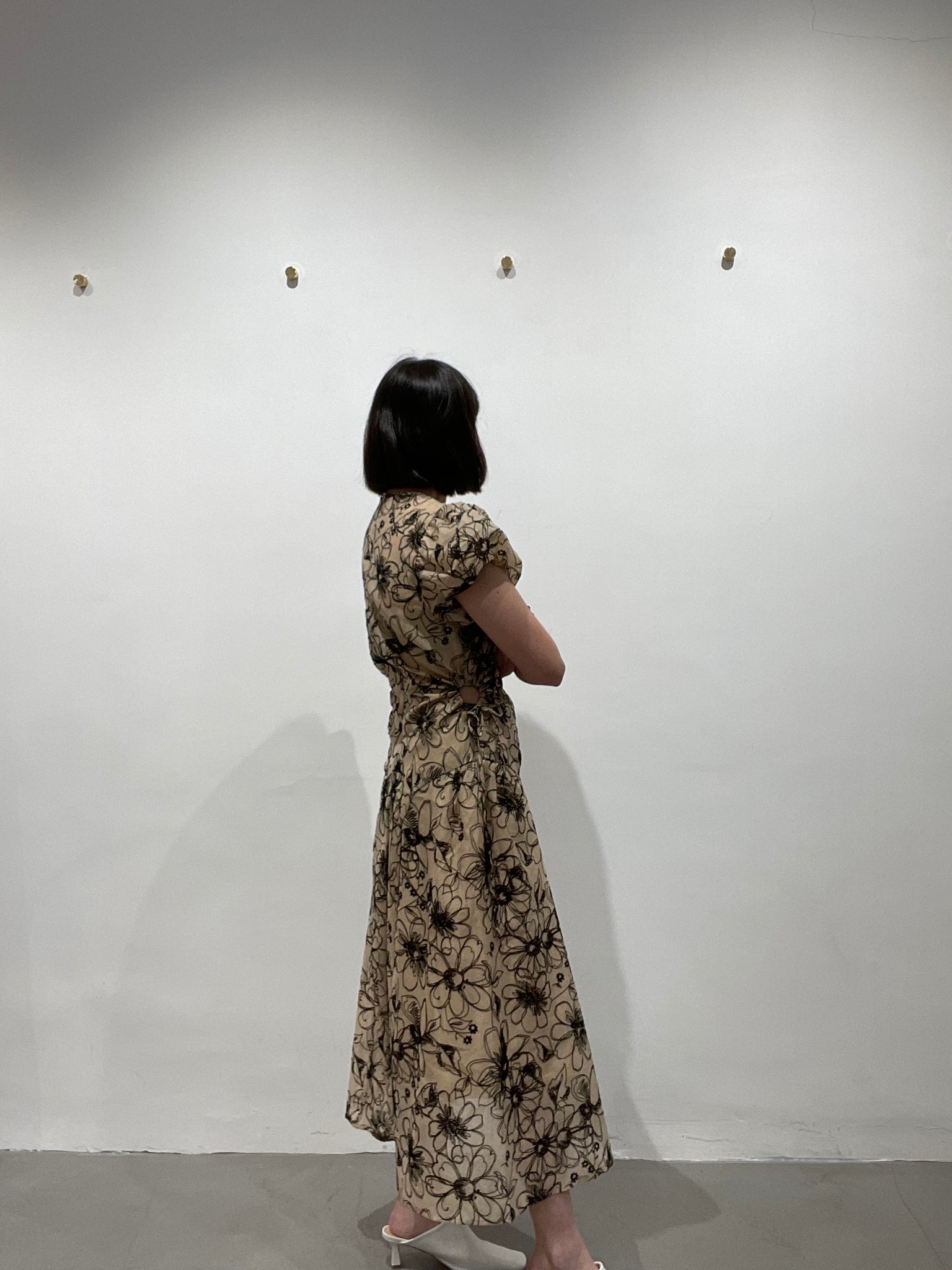 Delicate Smocking Side Open Floral Dress Beige