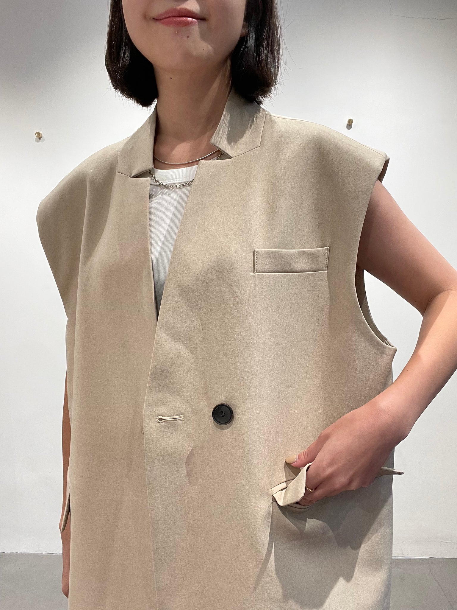 Cool Collarless Vest Jacket Light Beige