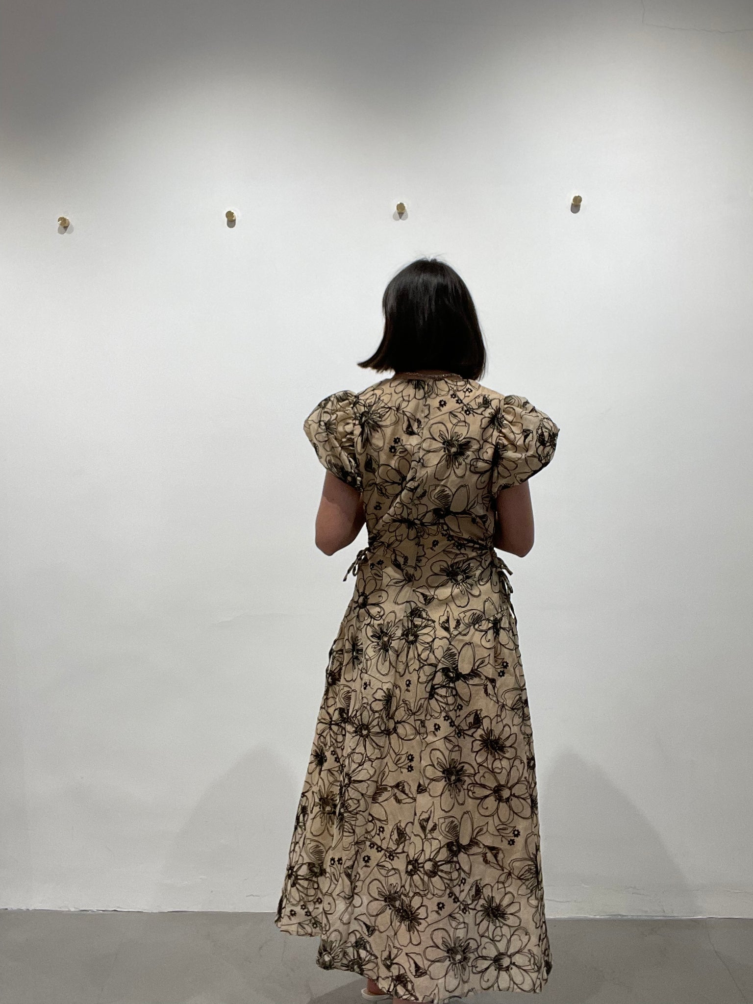 Delicate Smocking Side Open Floral Dress Beige