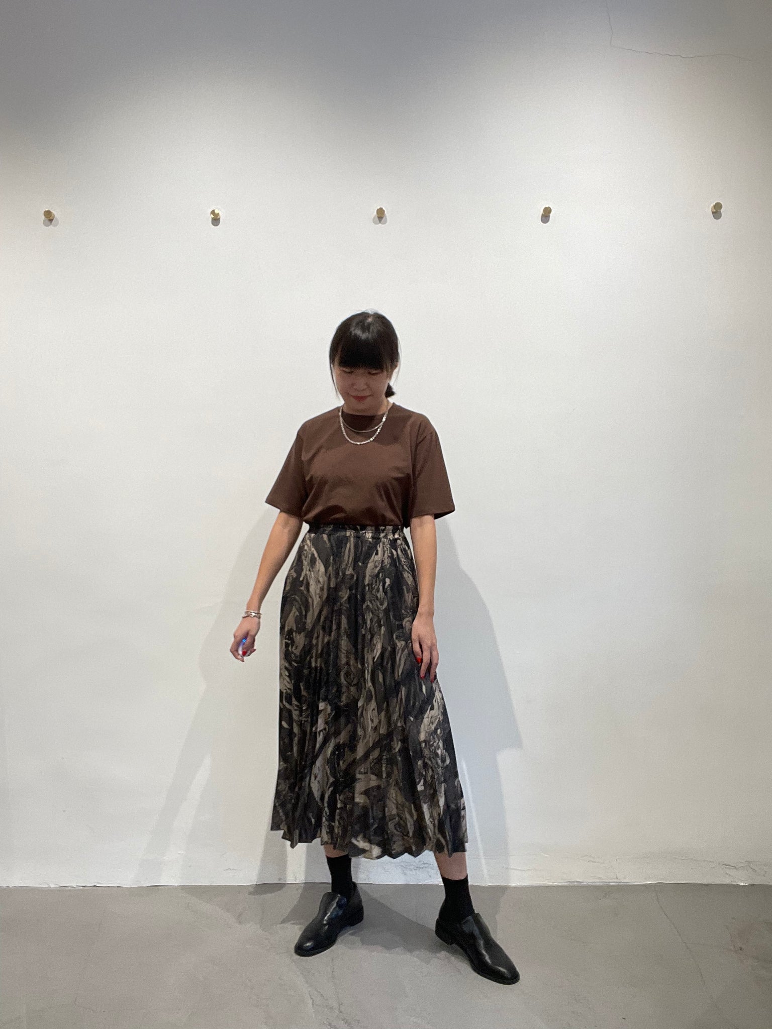 Fall Marble Print Pleated Skirt Brown