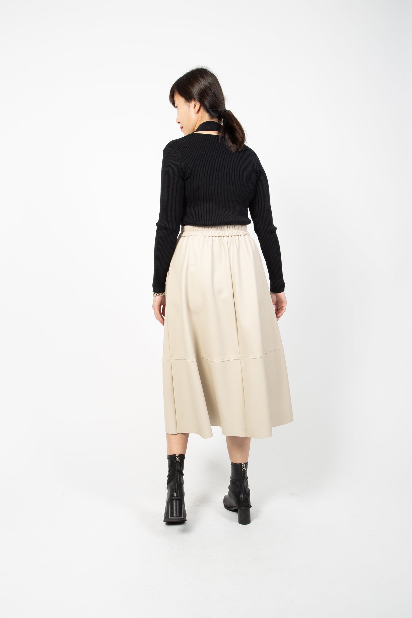 Faux Leather Pocket A-Line Skirt Ivory