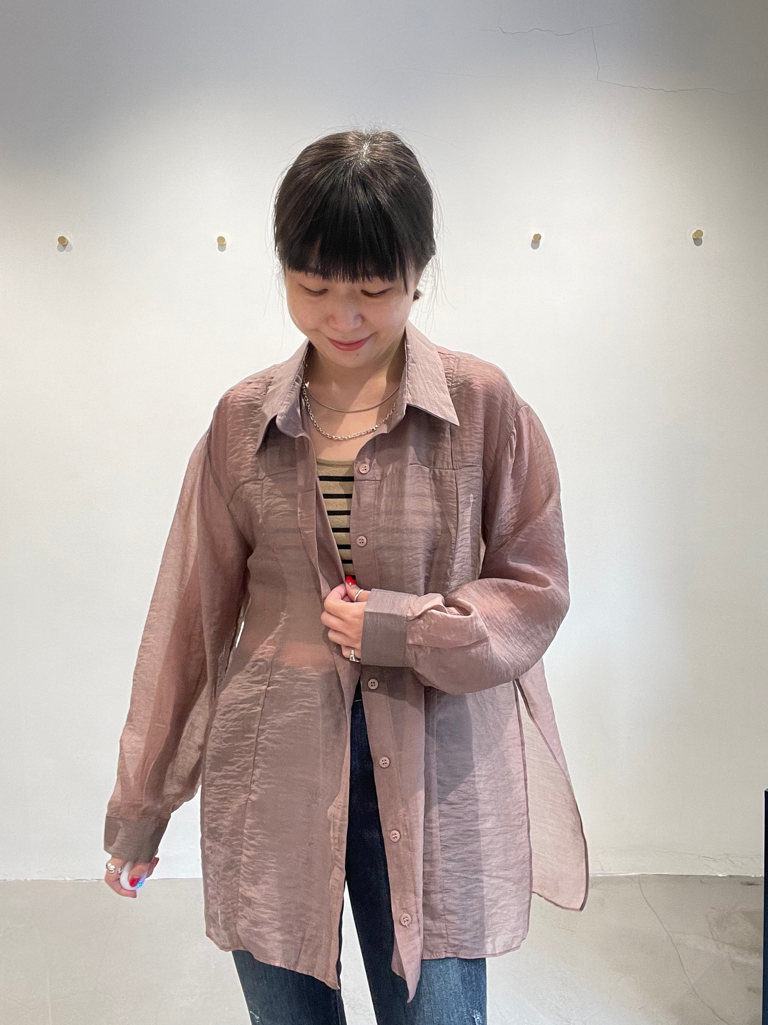 Seam Side Slit See Through Shirt Brown