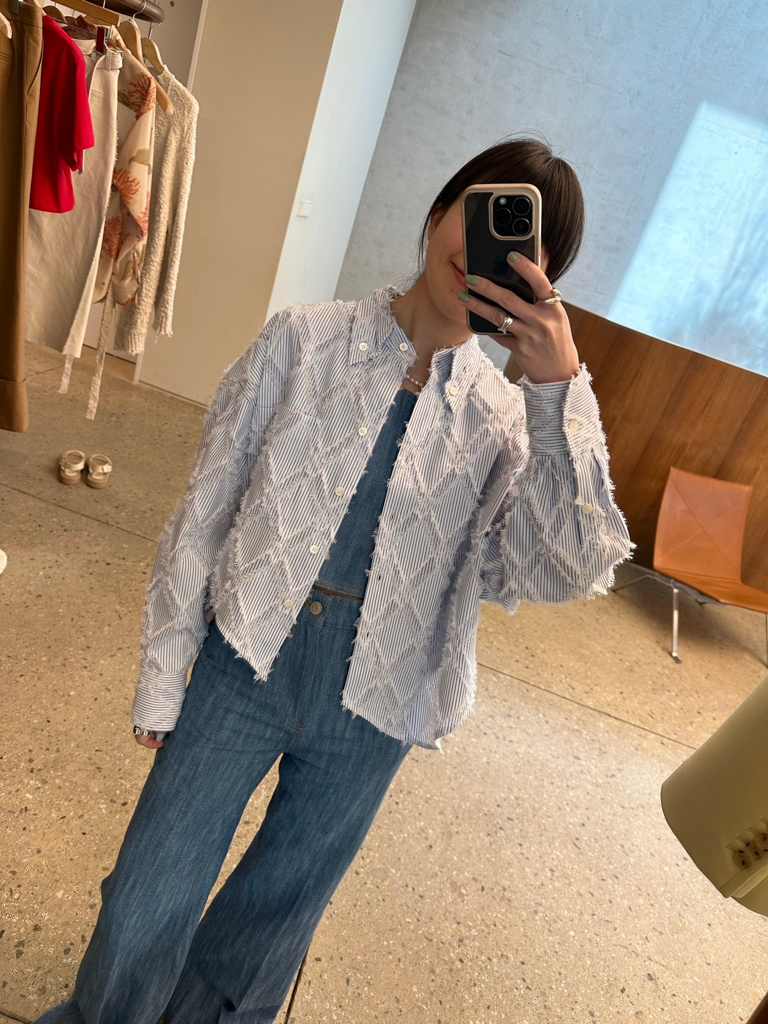 BOHEMIA TASSEL STRIPE OVER CROP SHIRT (BLUE)