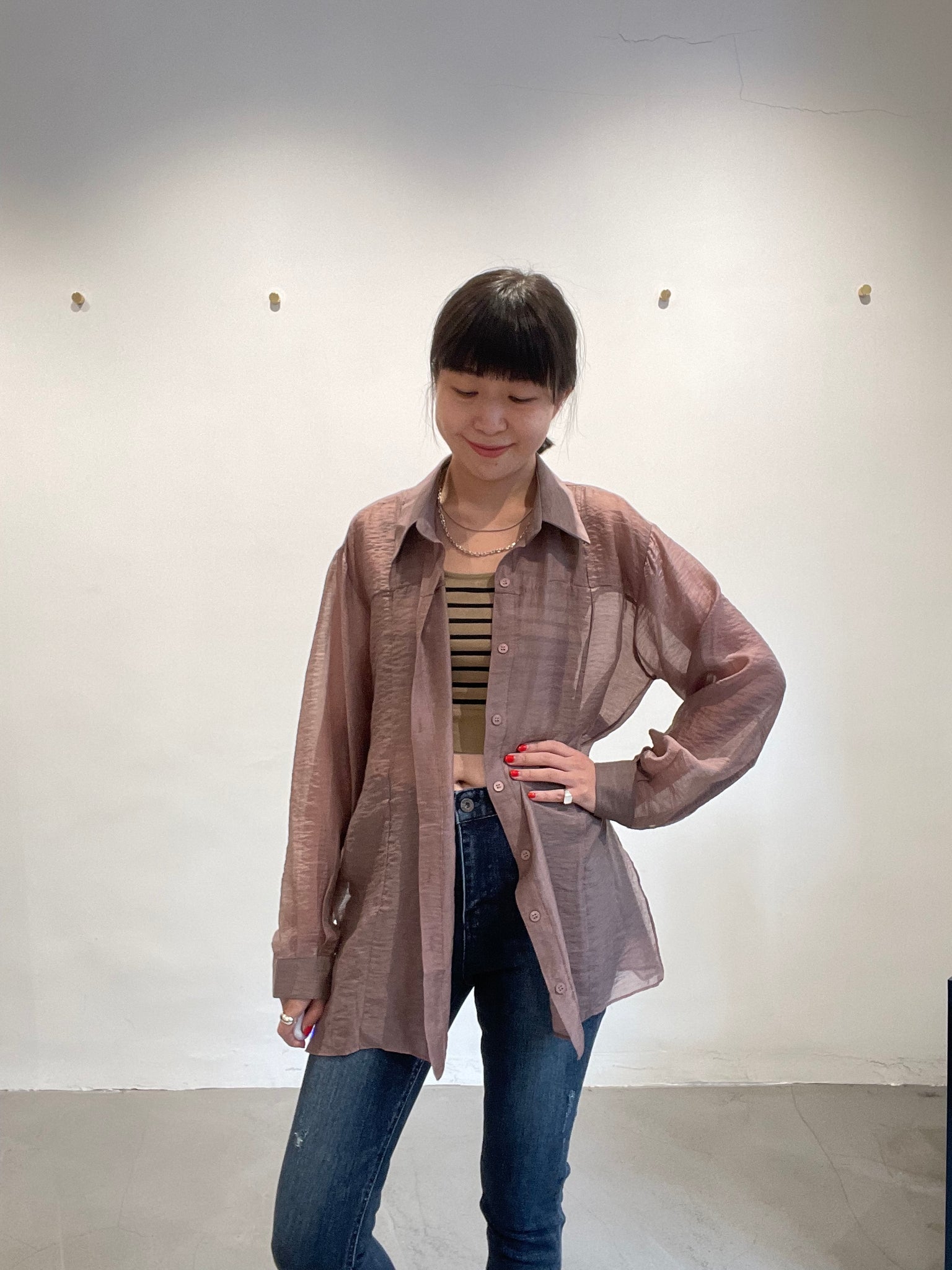 Seam Side Slit See Through Shirt Brown