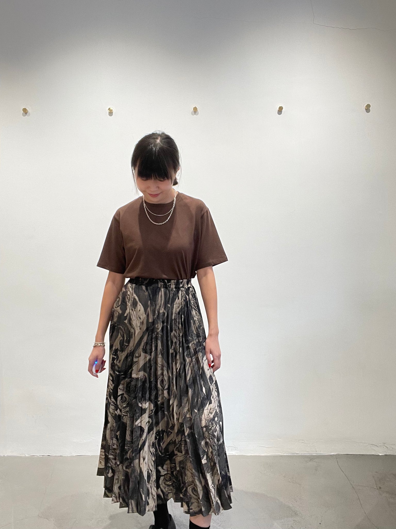 Fall Marble Print Pleated Skirt Brown