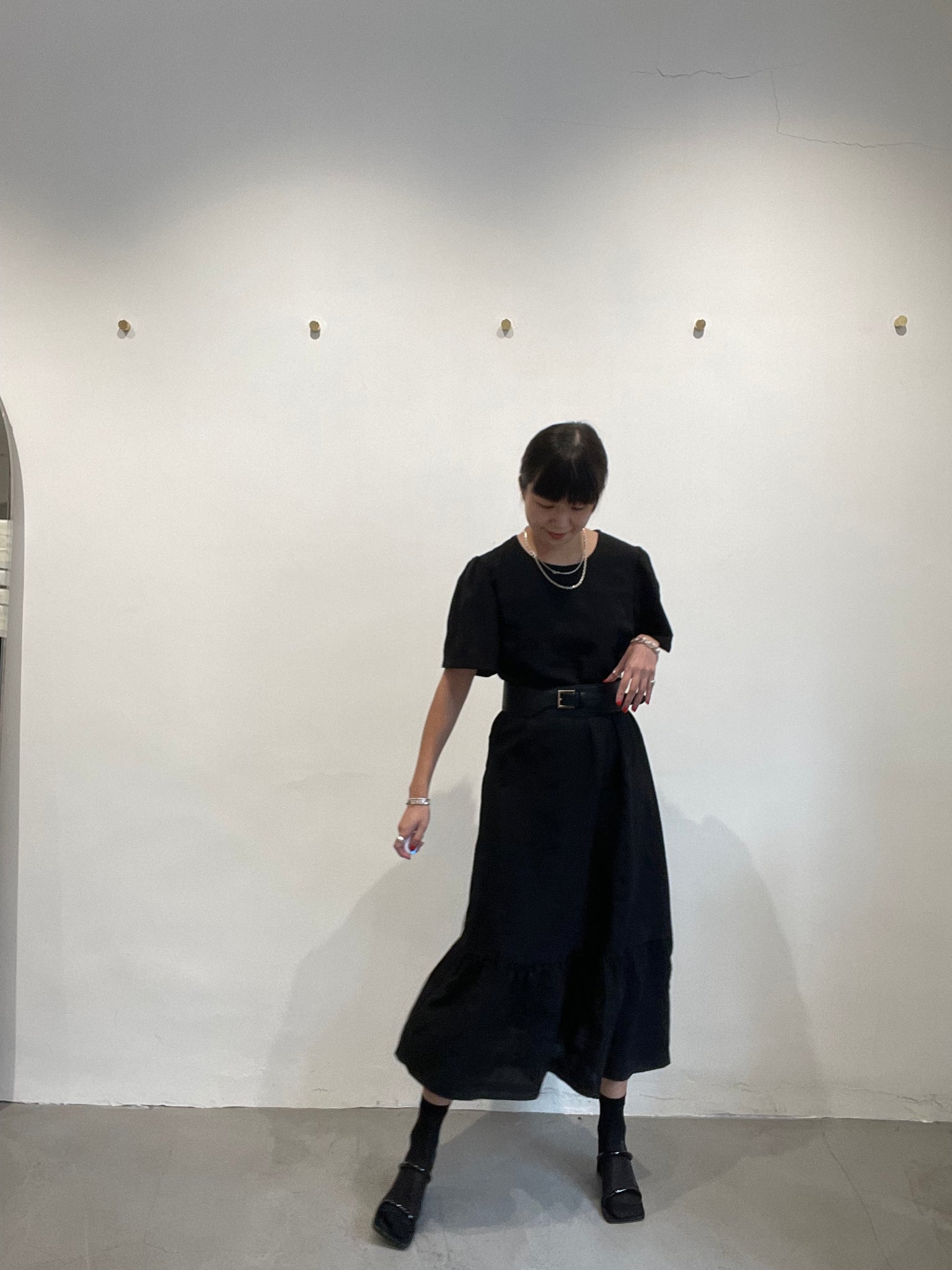Square Wrinkle Ruffle Hem Dress Black