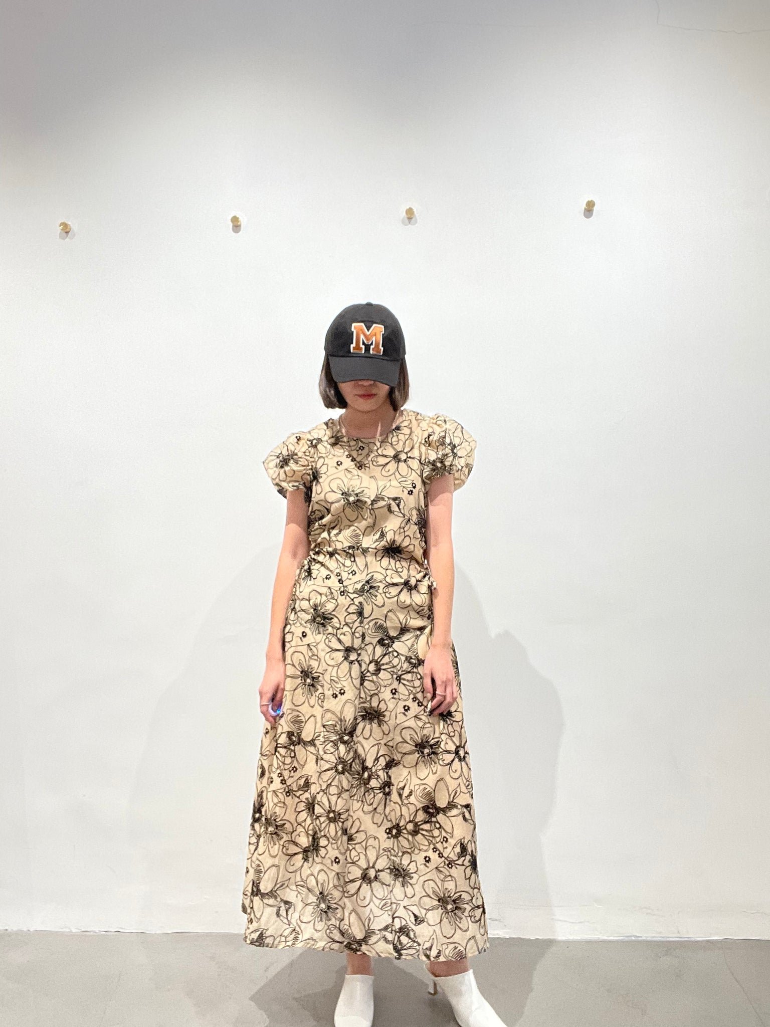 Delicate Smocking Side Open Floral Dress Beige