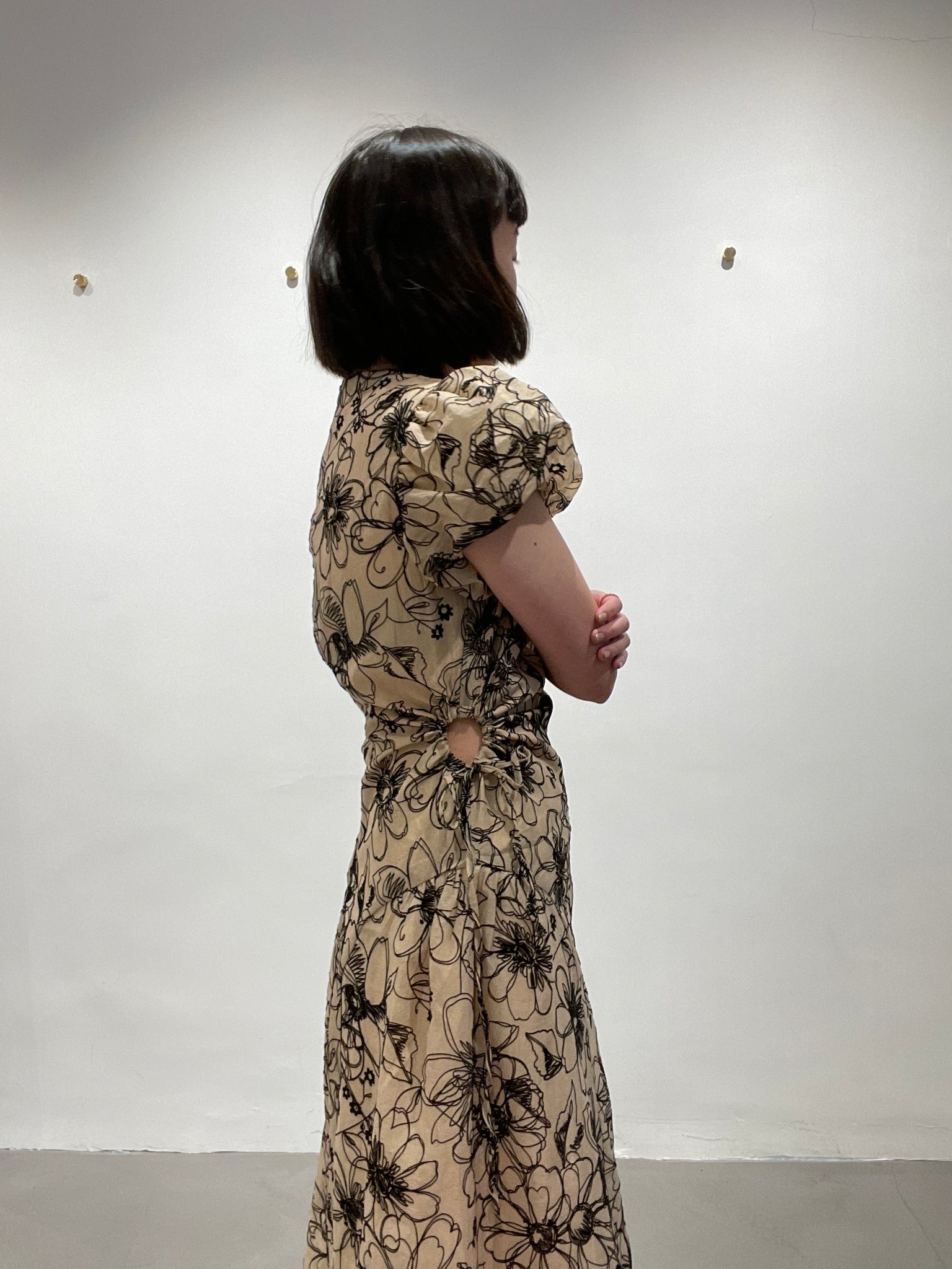 Delicate Smocking Side Open Floral Dress Beige