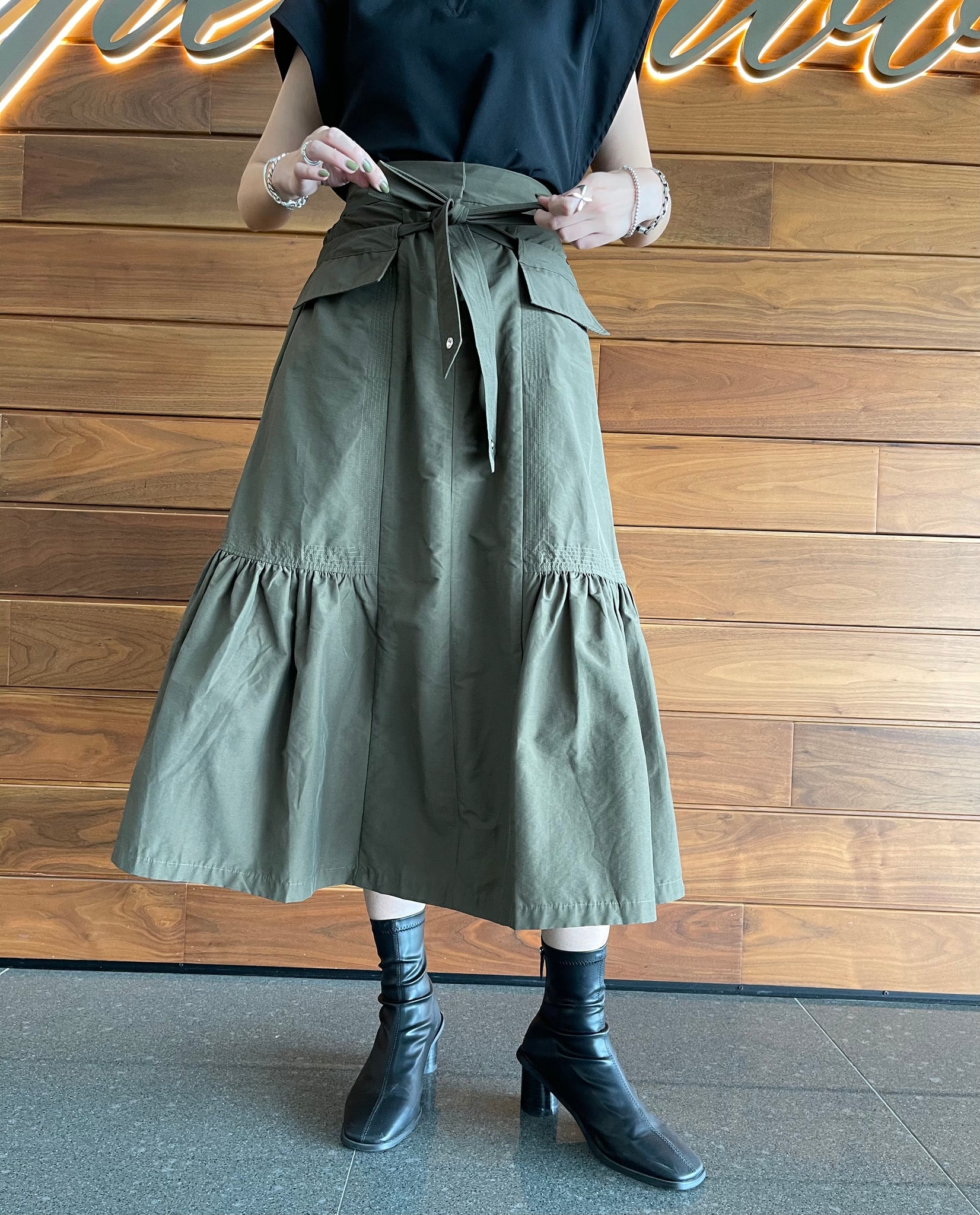Restructured Waistline Skirt Military Green