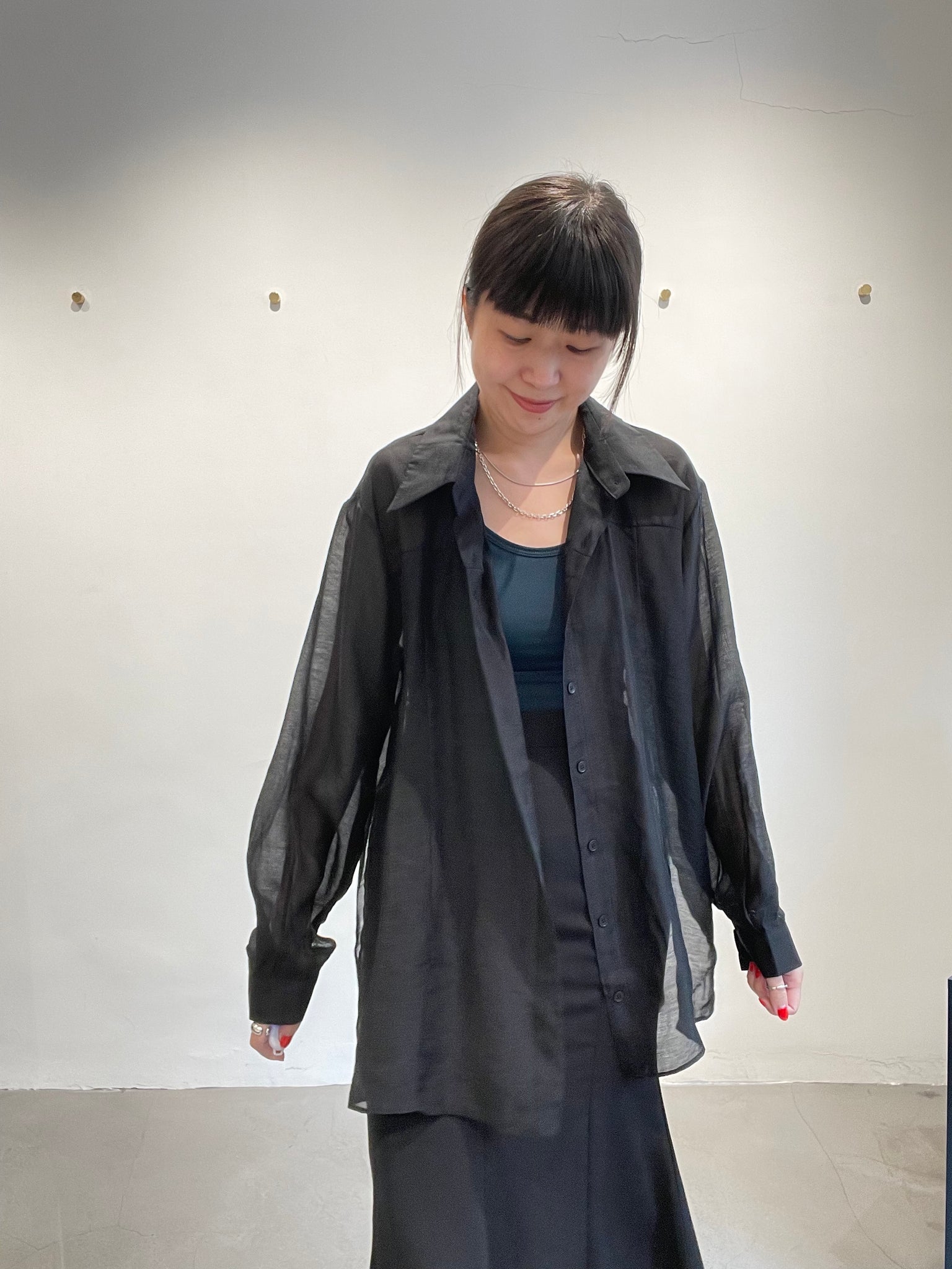 Seam Side Slit See Through Shirt Black