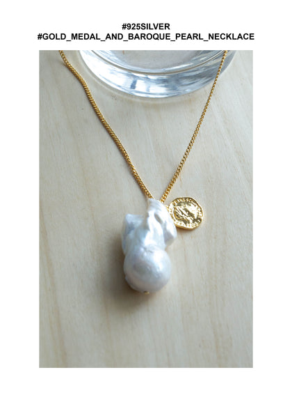 925 Silver Gold Medal and Baroque Pearl Necklace