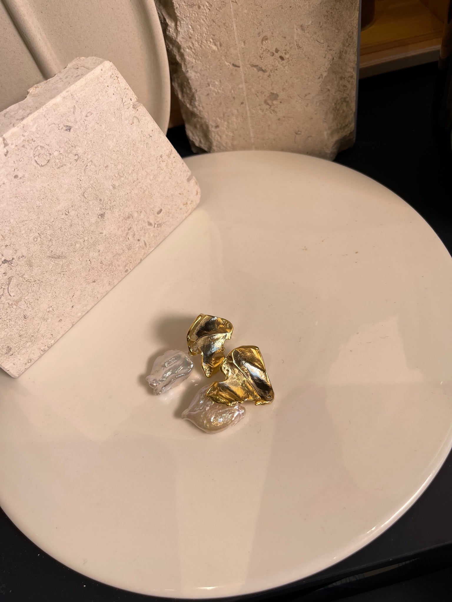 Organic Form Flat Baroque Pearl Bold Earrings Gold