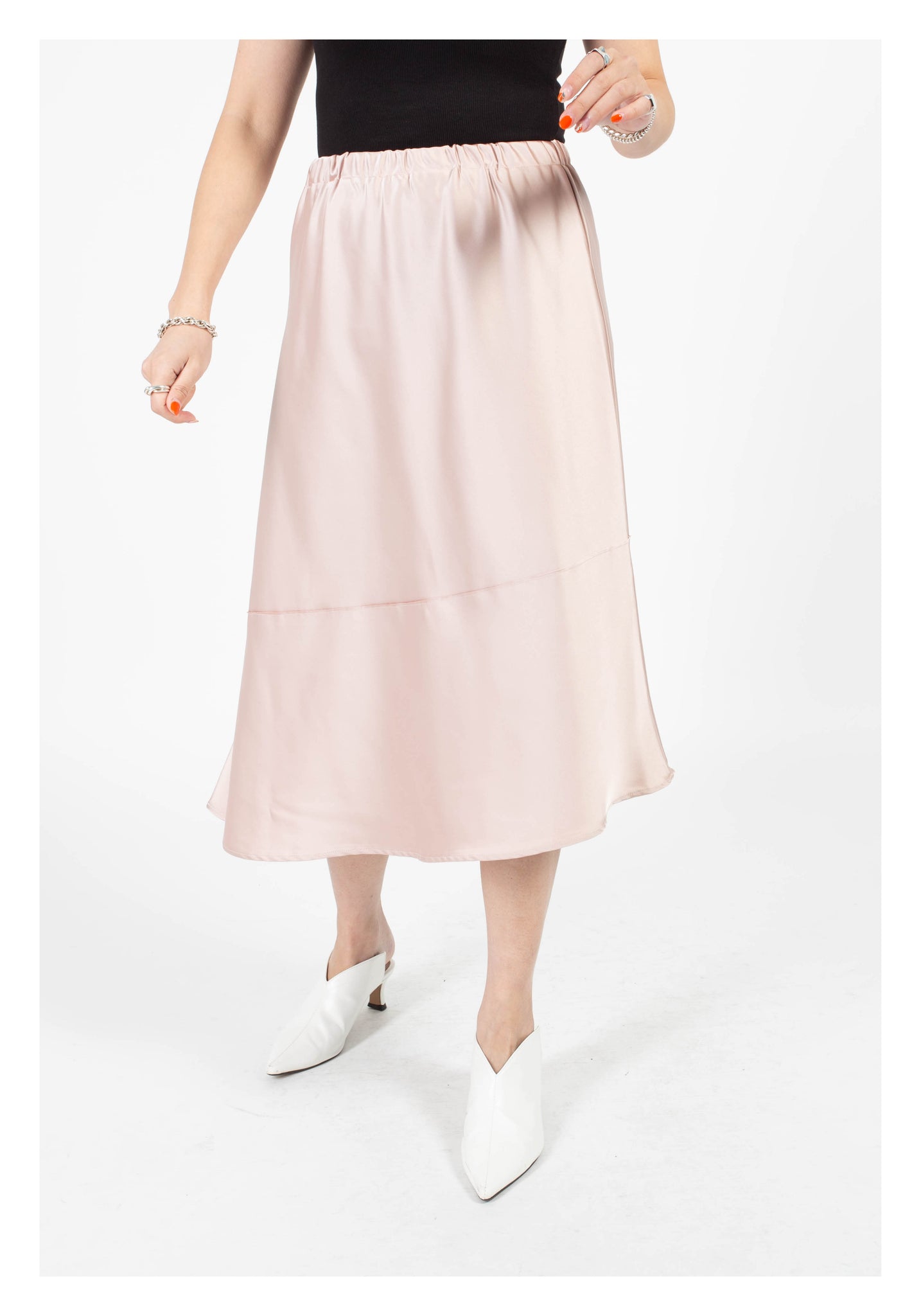 Asymmetric Flare Satin Skirt Dirty Pink