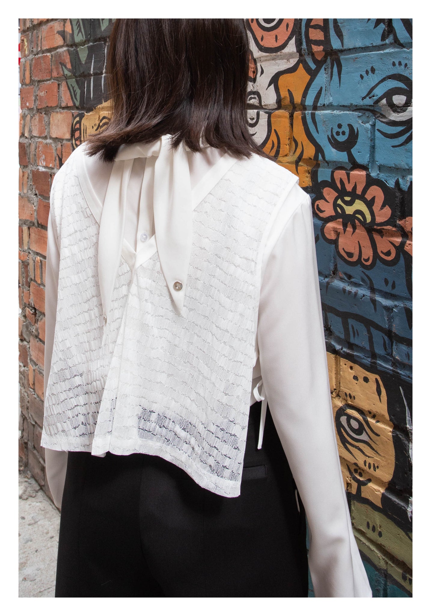Attachable Lace Vest Ribbon Blouse White - whoami
