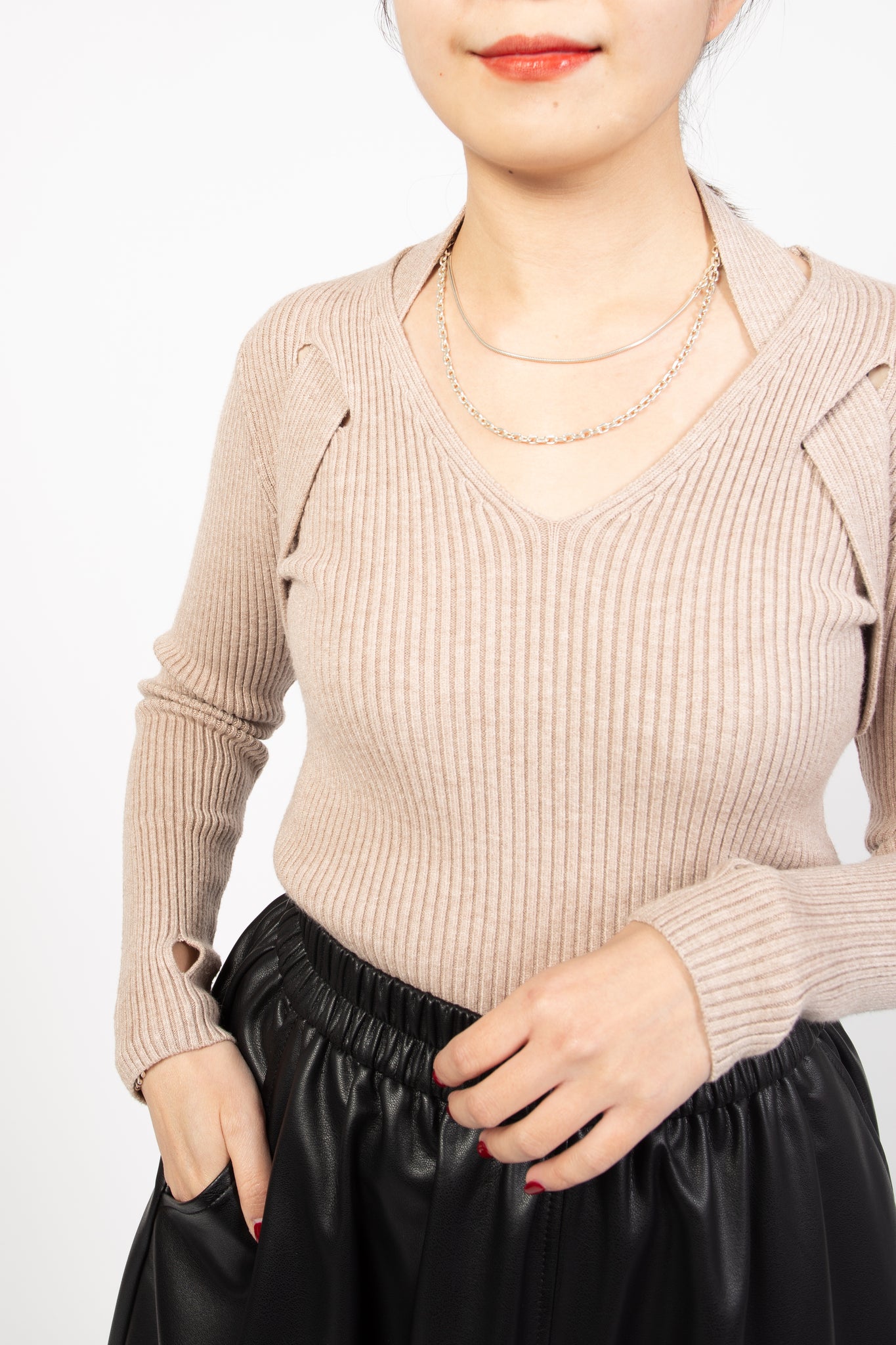 Double Cross Slim Cut Knit Top Oat